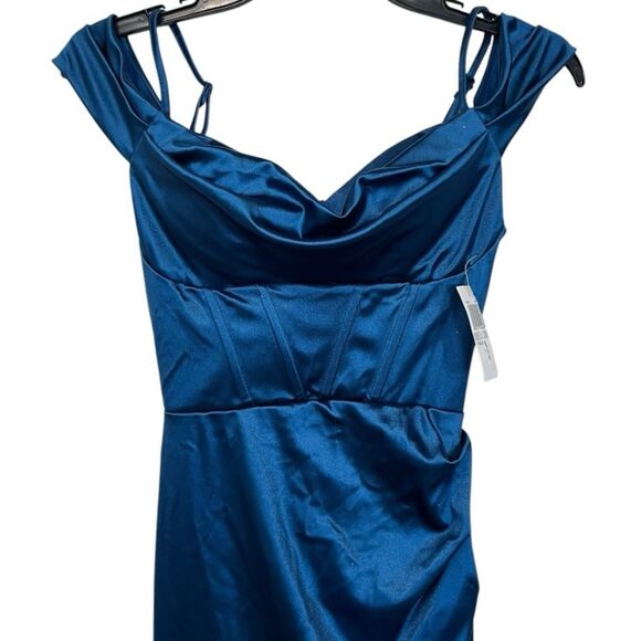 NWT B. Darlin | Blue Off The Shoulder Corset Wrap Side Slit Long Dress 0 - Picture 4 of 9